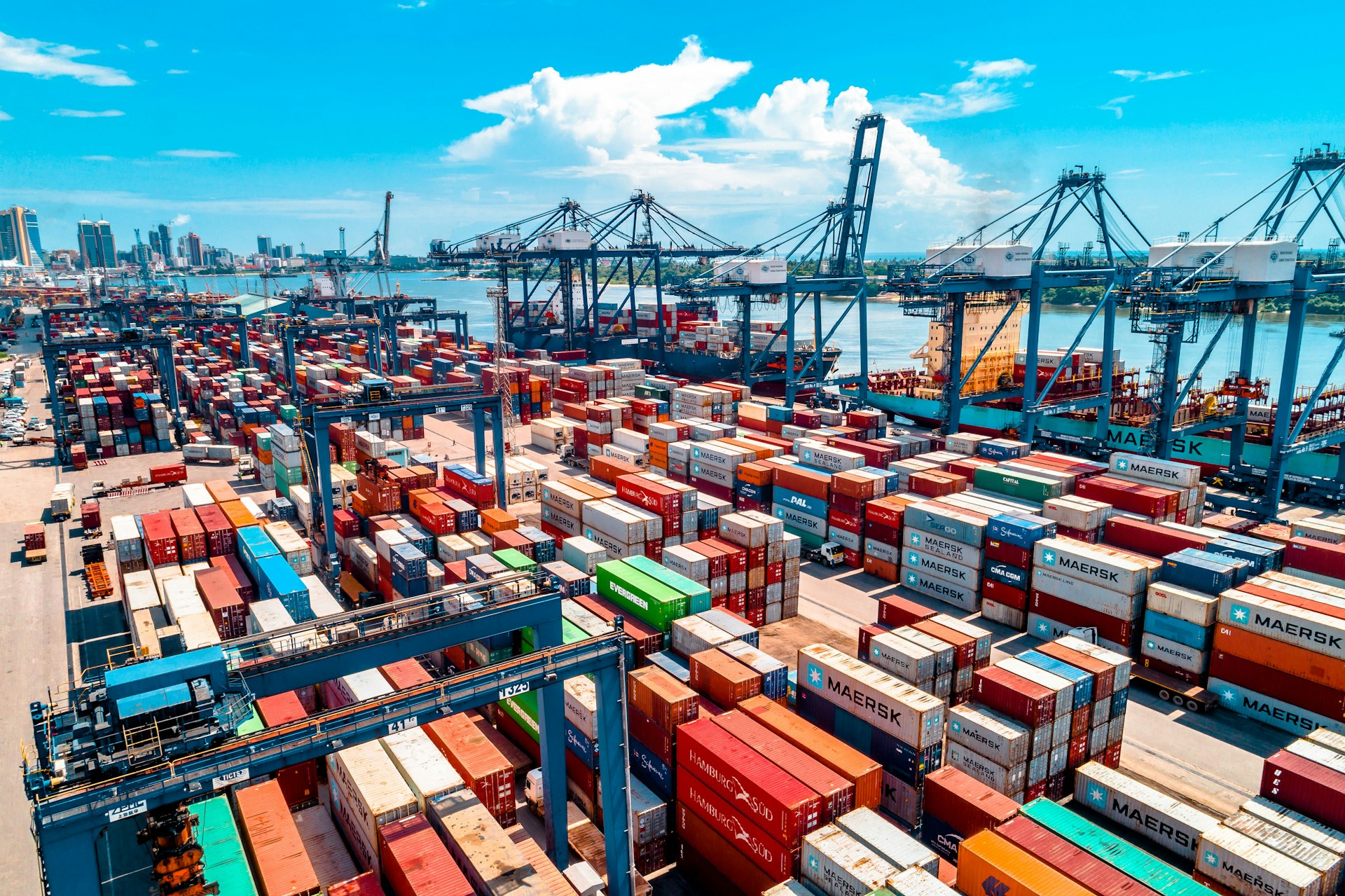 Shipping containers stacked in strong perspective